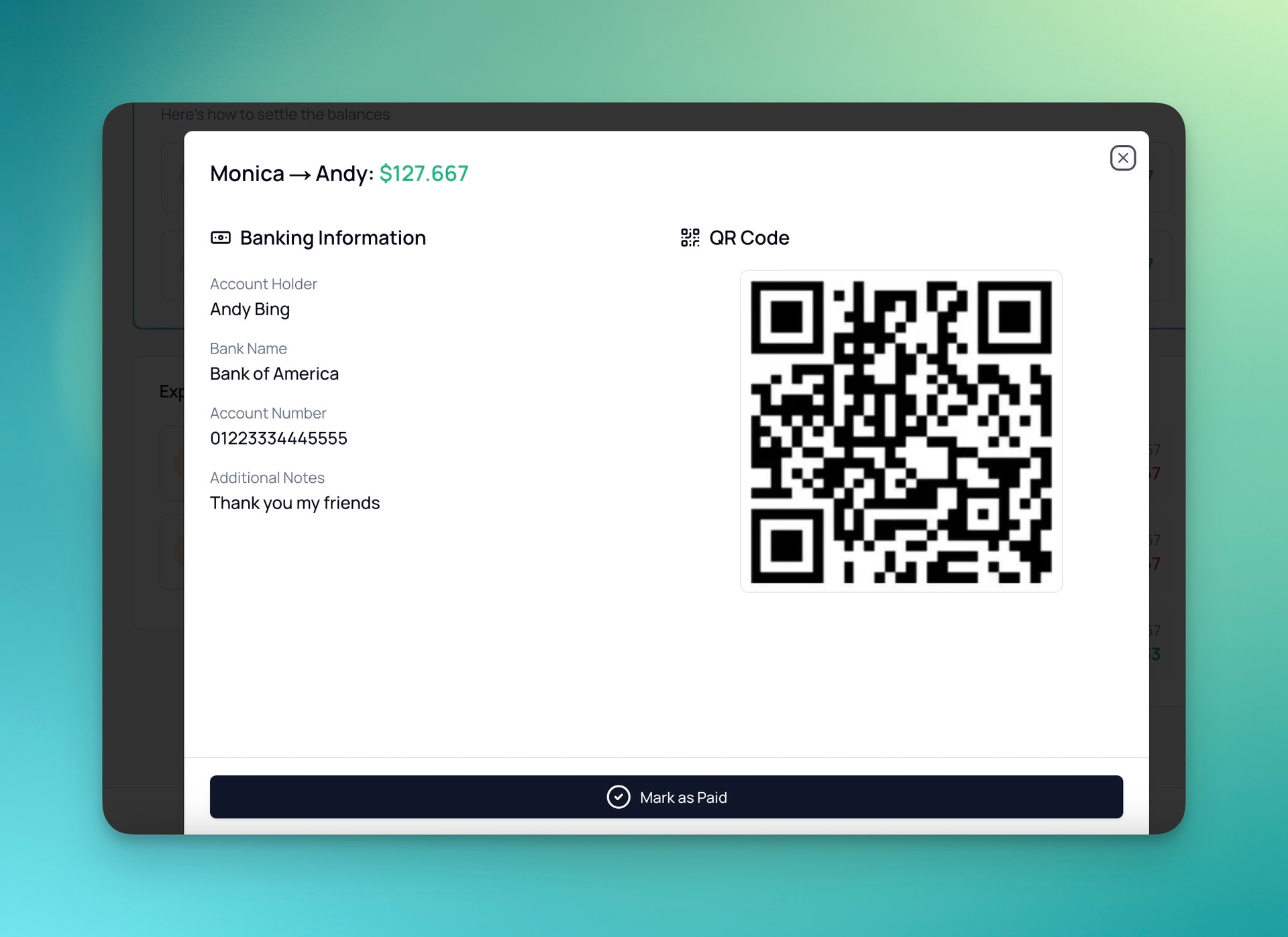 Screenshot showing the banking info and QR code setup in LiteSplit