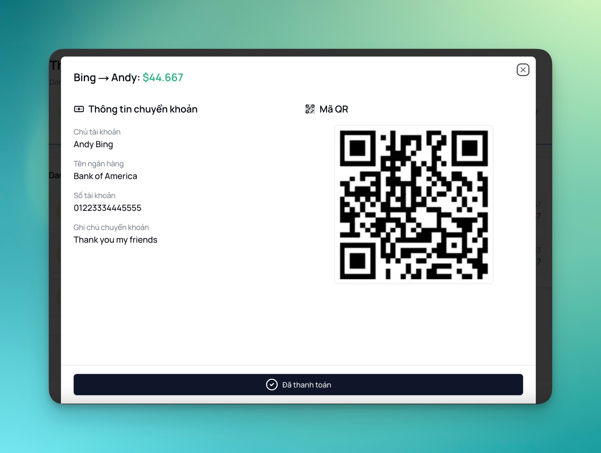 Ảnh chụp màn hình thiết lập thông tin ngân hàng và mã QR trong LiteSplit